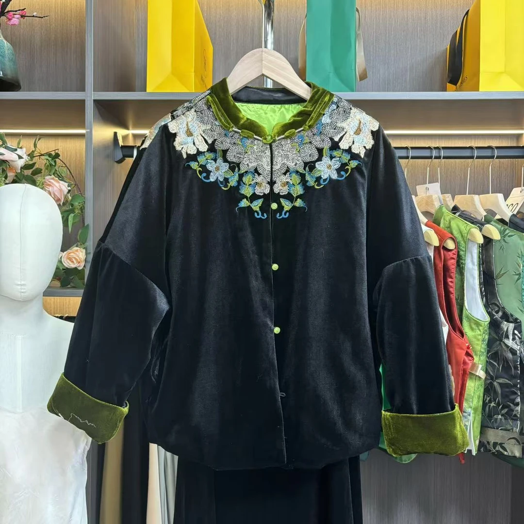 加厚加绒重工刺绣上衣金丝绒新中式黑色国风秋冬