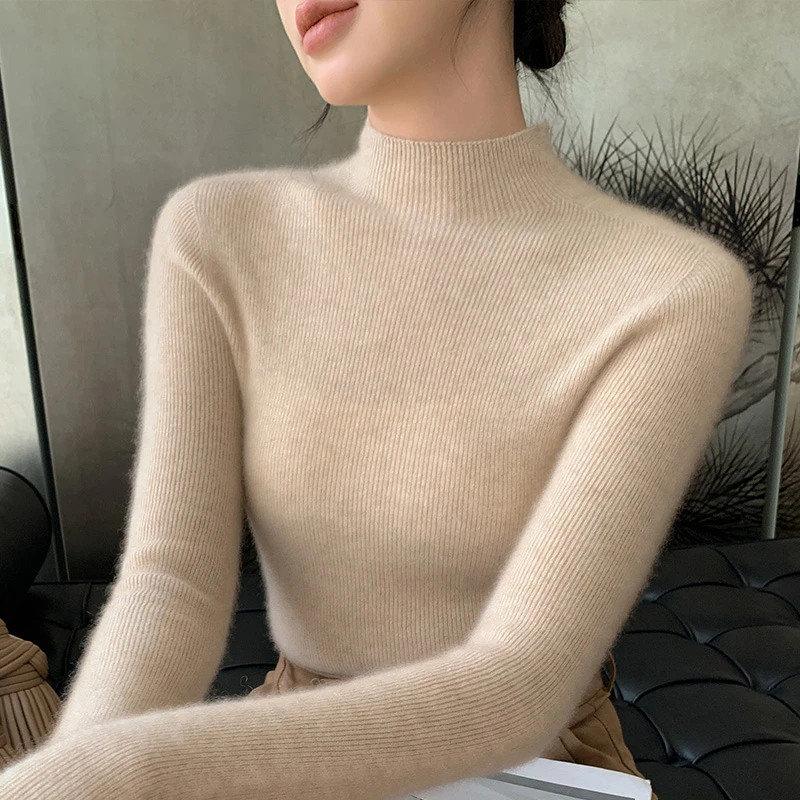 一线成衣秋冬半高领100%纯羊绒衫女抽条修身打底针织衫毛衣NS2296
