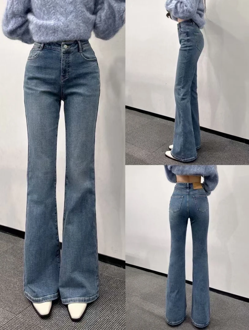 mithworld海盐蓝牛仔加绒微喇裤