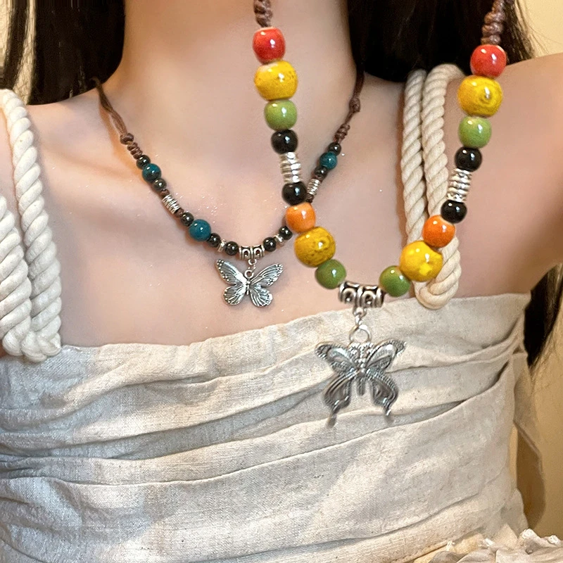 合金项链 新中式彩色串珠陶瓷蝴蝶编织绳项链女配饰轻奢感锁骨链