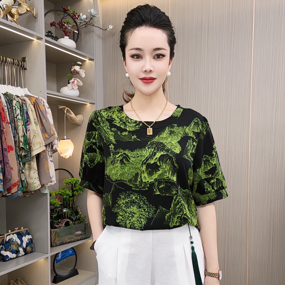 078【锦绣江山】早春新款夏季宽松短袖高端时尚百搭气质妈妈装T恤