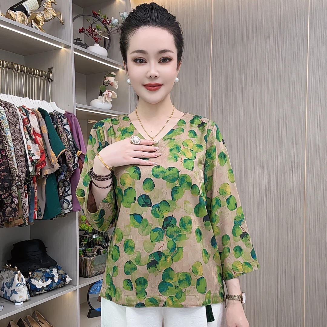 【一抹青绿】新款双面双穿宽松花色显瘦高端时尚洋气百搭妈妈装T桖