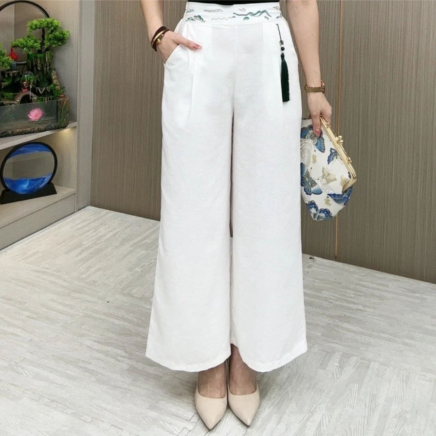【重工艺刺绣】新款休闲纯色高货显瘦气质时尚百搭中腰宽松阔腿裤
