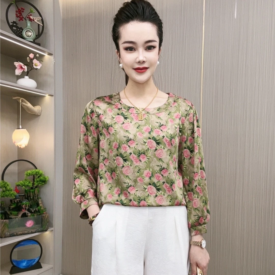 073【粉玫瑰】圆领长袖网红花色显瘦高端时尚洋气妈妈装衬衫