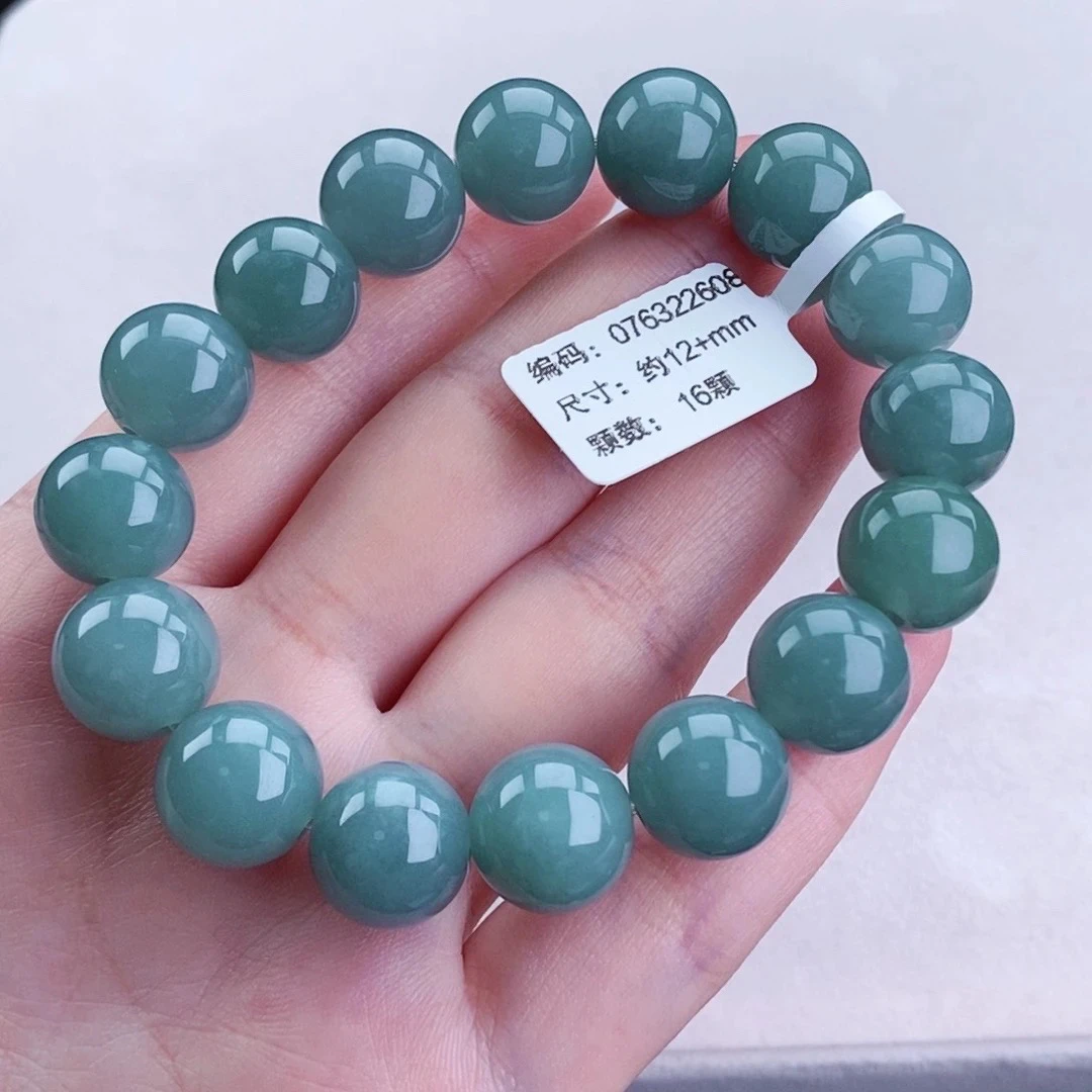 正品天然A货翡翠圆珠手串 卡12+ 冰蓝满绿手串 绿色 时尚 百搭款
