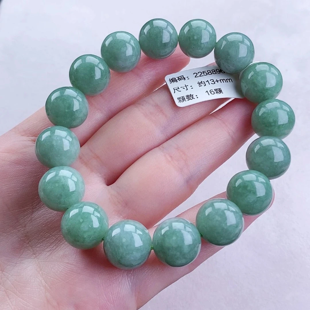缅甸天然翡翠手串 卡13+ 满绿果绿玉手串 时尚 绿色 经典百搭