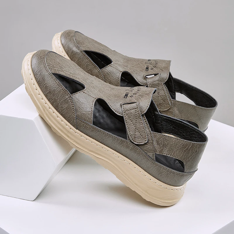 YUDAI/予带夏季透气软皮面男凉鞋包头镂空休闲软底户外穿沙滩男士