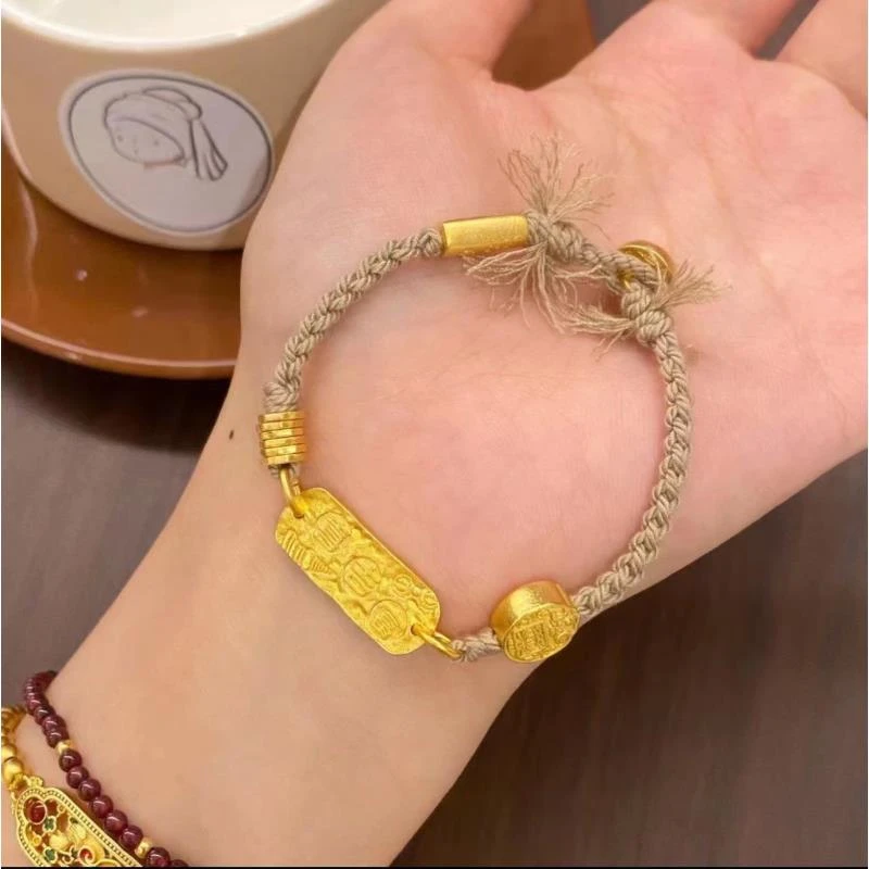 铜合金手链 SL2056 国潮风古法锤纹跑环盘缠吉言五路财神藏风手绳