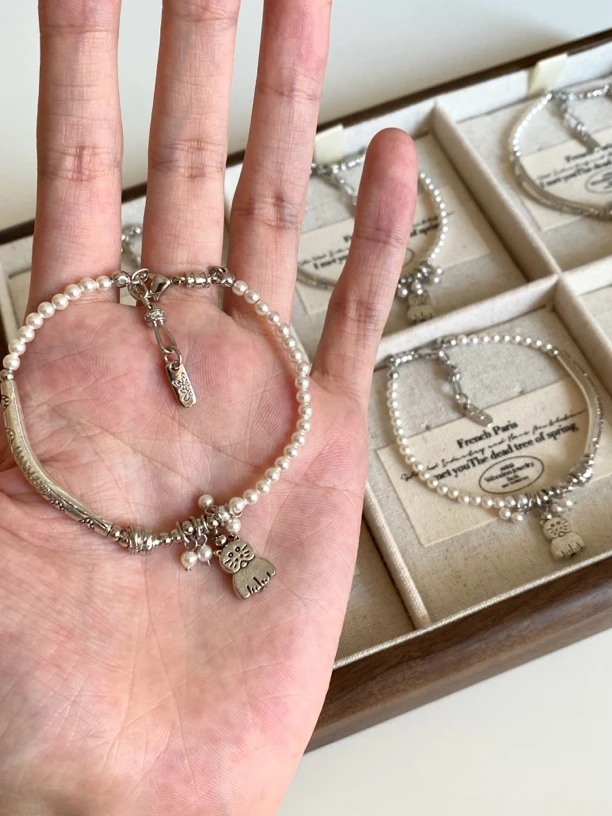 铜合金仿珍珠手链 原创/可爱小猫咪施家贝珠手链