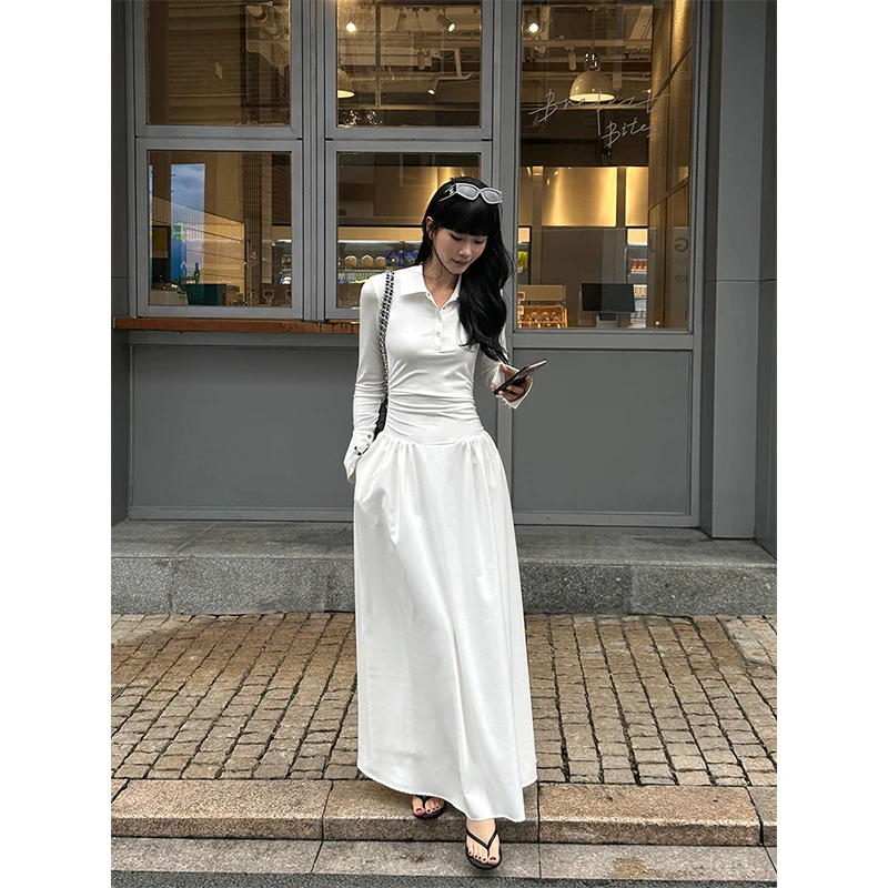 VENUIE米白色收腰翻领长袖连衣裙女秋季休闲时尚显瘦A字长裙07132