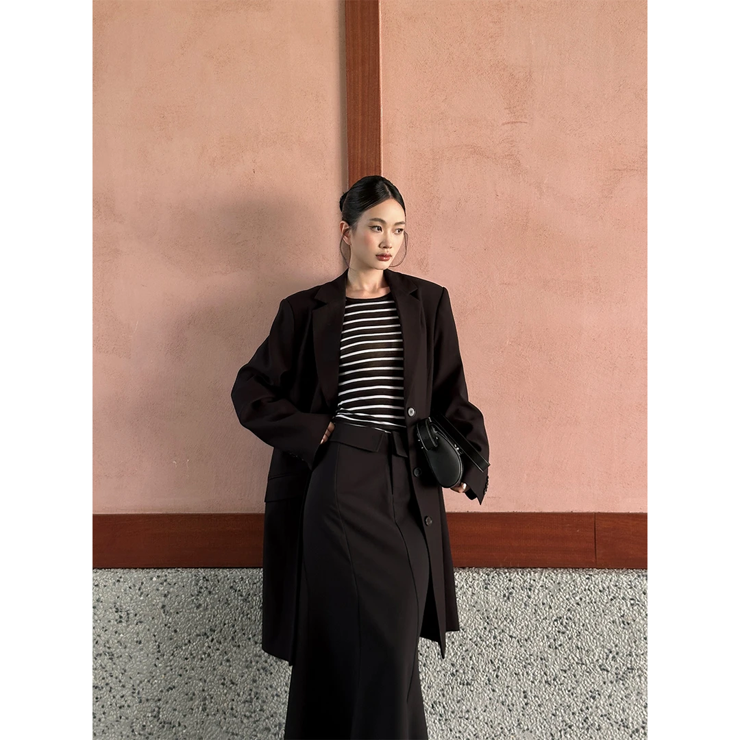 VENUIE黑色中长款西装外套女高级感时尚休闲气质百搭西服06151