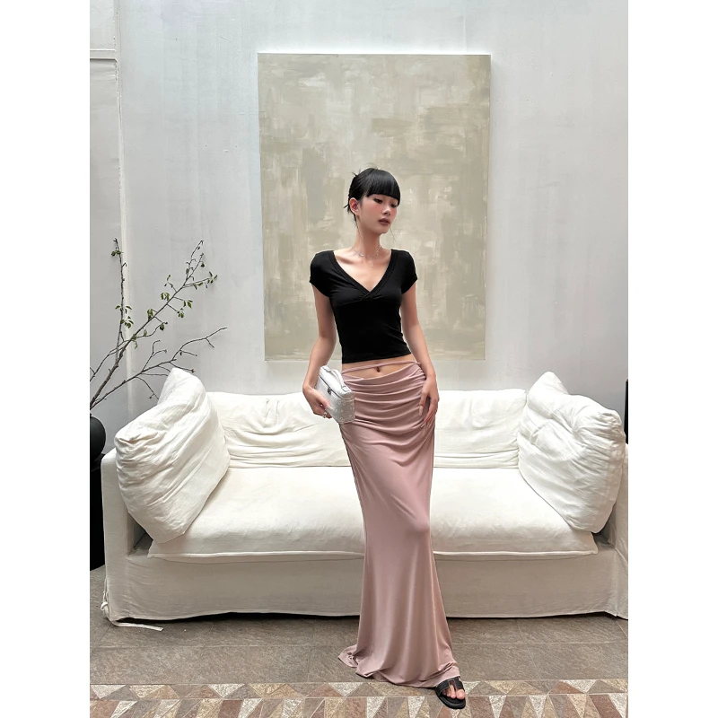 VENUIE 肯豆T 设计感显瘦气质修身夏季白色V领短袖T恤上衣03294