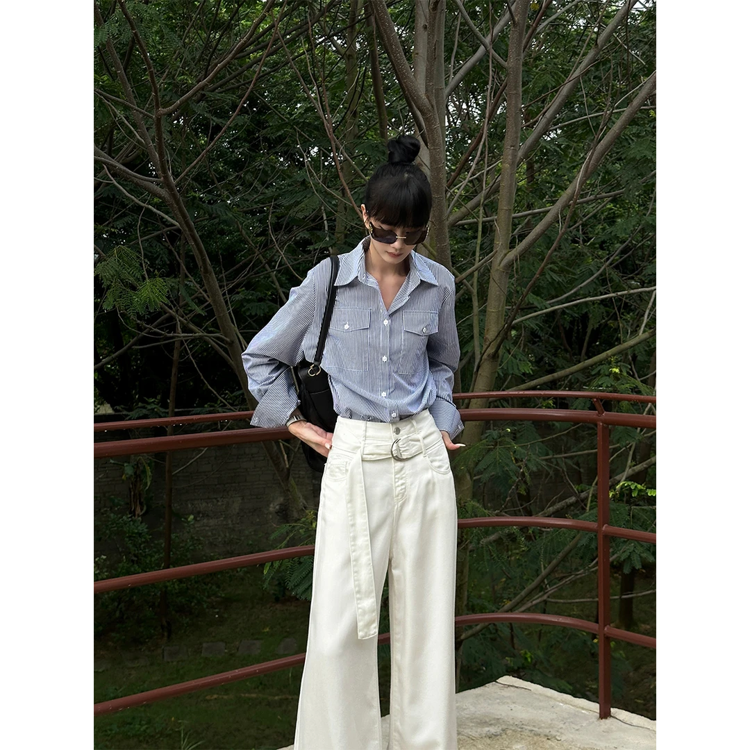 VENUIE日系复古外贸夏季新品宽松休闲工装蓝色条纹长袖衬衫