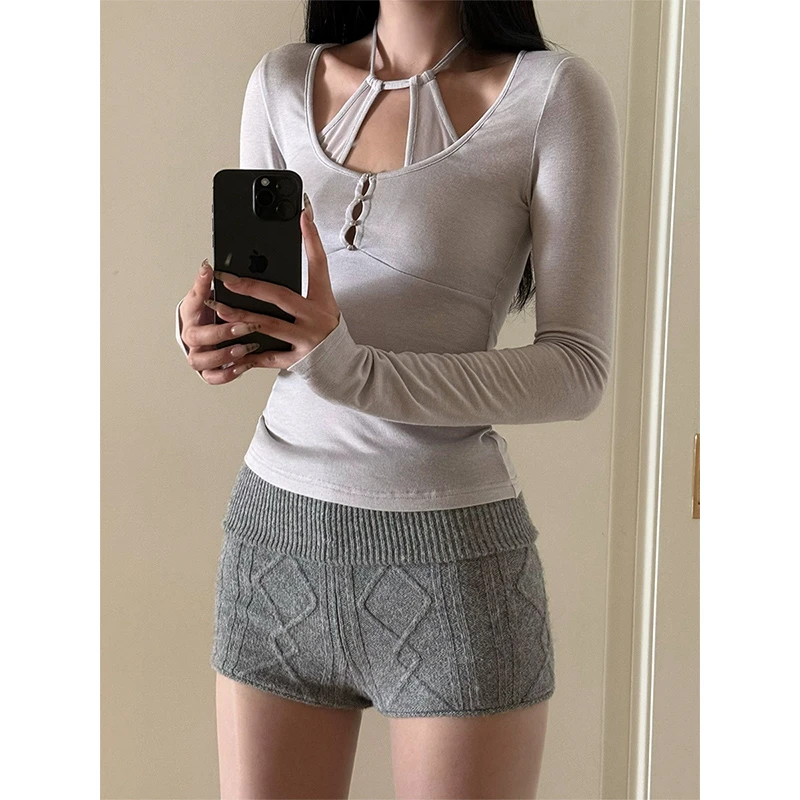 VENUIE【显高实力派】花灰色修身显瘦秋裤保暖打底毛织短裤01099