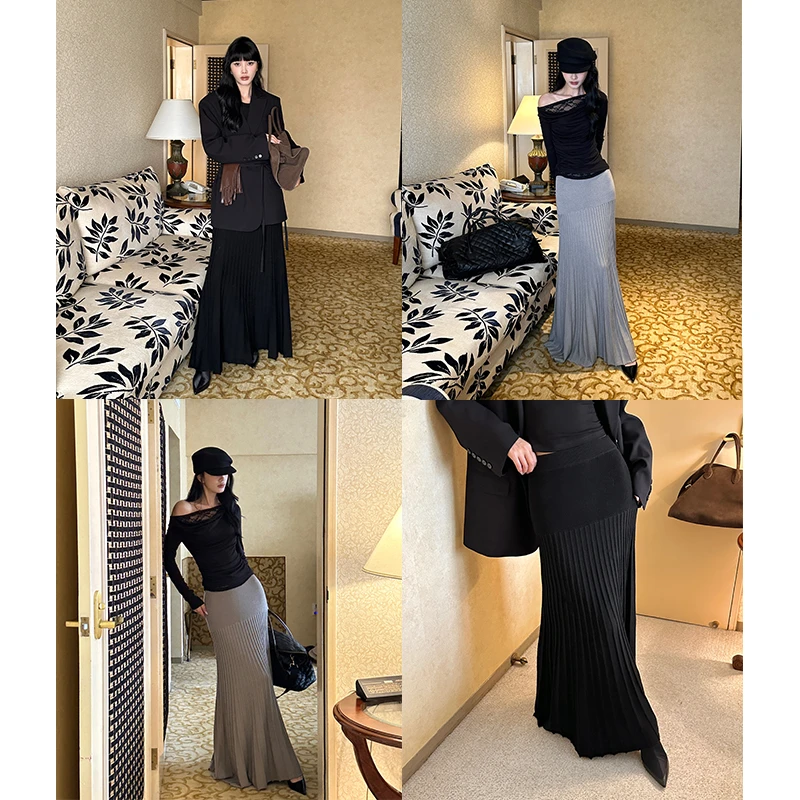 VENUIE纯色百搭针织A字松紧腰女百褶鱼尾半身裙08511