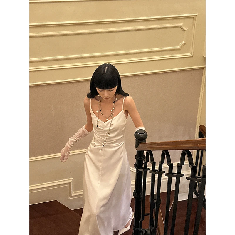 VENUIE白色长裙拼接抽褶收腰修身吊带连衣裙08384