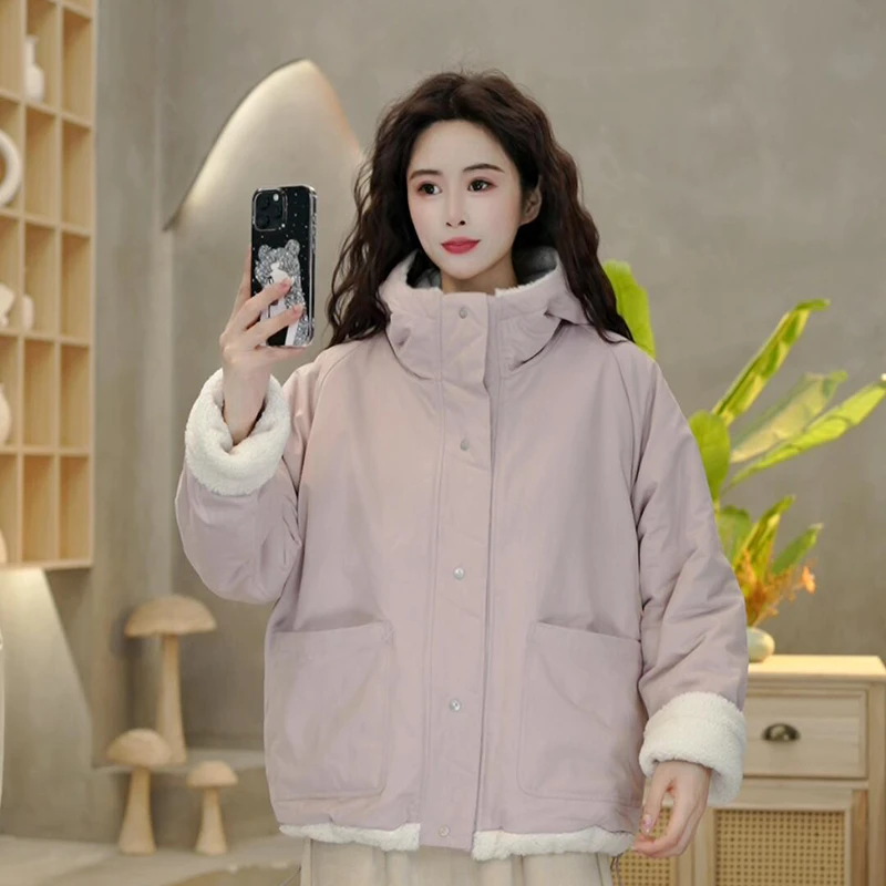 8818 冬季新款加厚连帽两面穿棉衣宽松百搭休闲棉服上衣