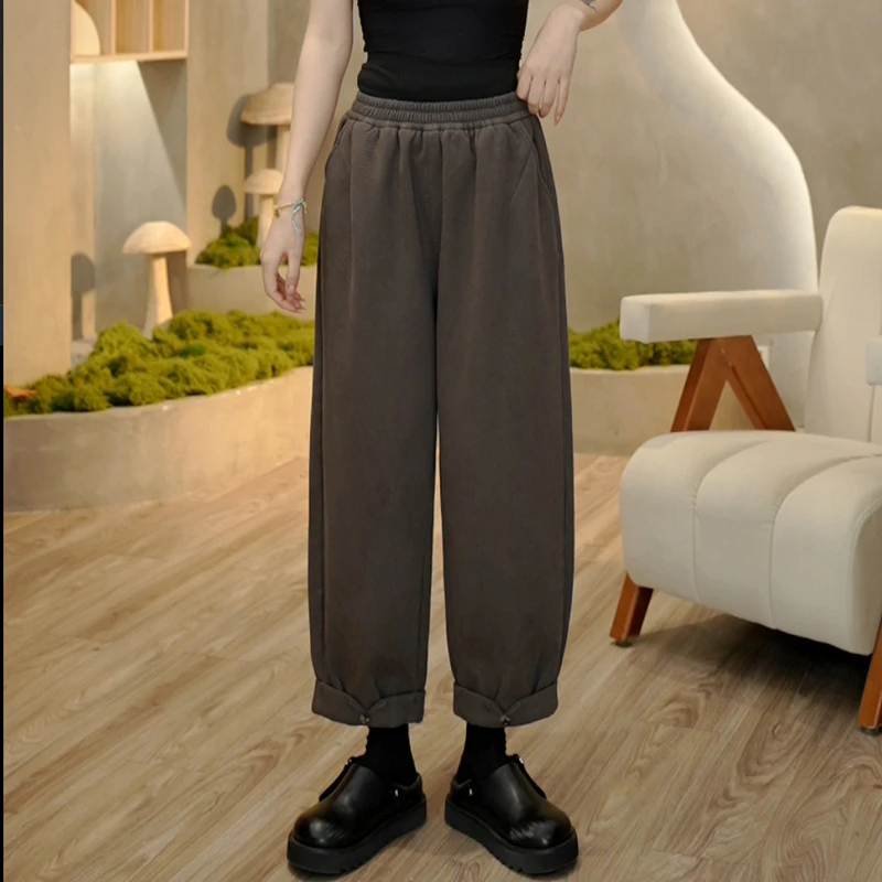 6625 冬季新款厚款纯色卷边休闲裤百搭显瘦宽松裤子