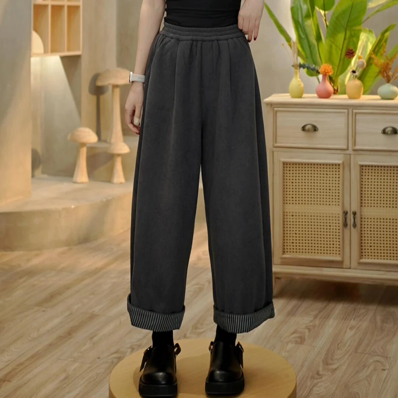 6656 冬季新款加绒加厚欧棉绒撞色个性松弛感显瘦宽松百搭休闲裤