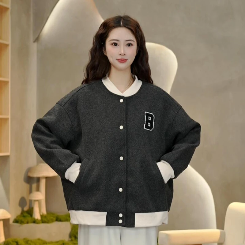 3740 秋冬季新款圆领撞色刺绣字母外套时尚短款休闲百搭上衣