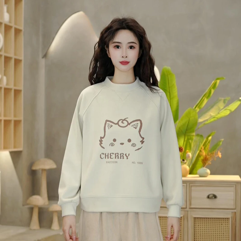 6668 冬季新款加绒加厚小猫印花卫衣圆领长袖宽松时尚百搭上衣