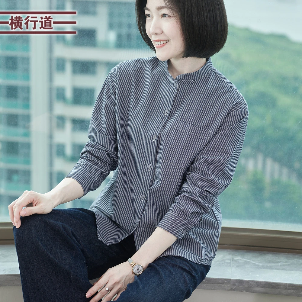 全棉简约复古竖条立领衬衫防晒衣外套衬衣2025秋季新款女装职业装