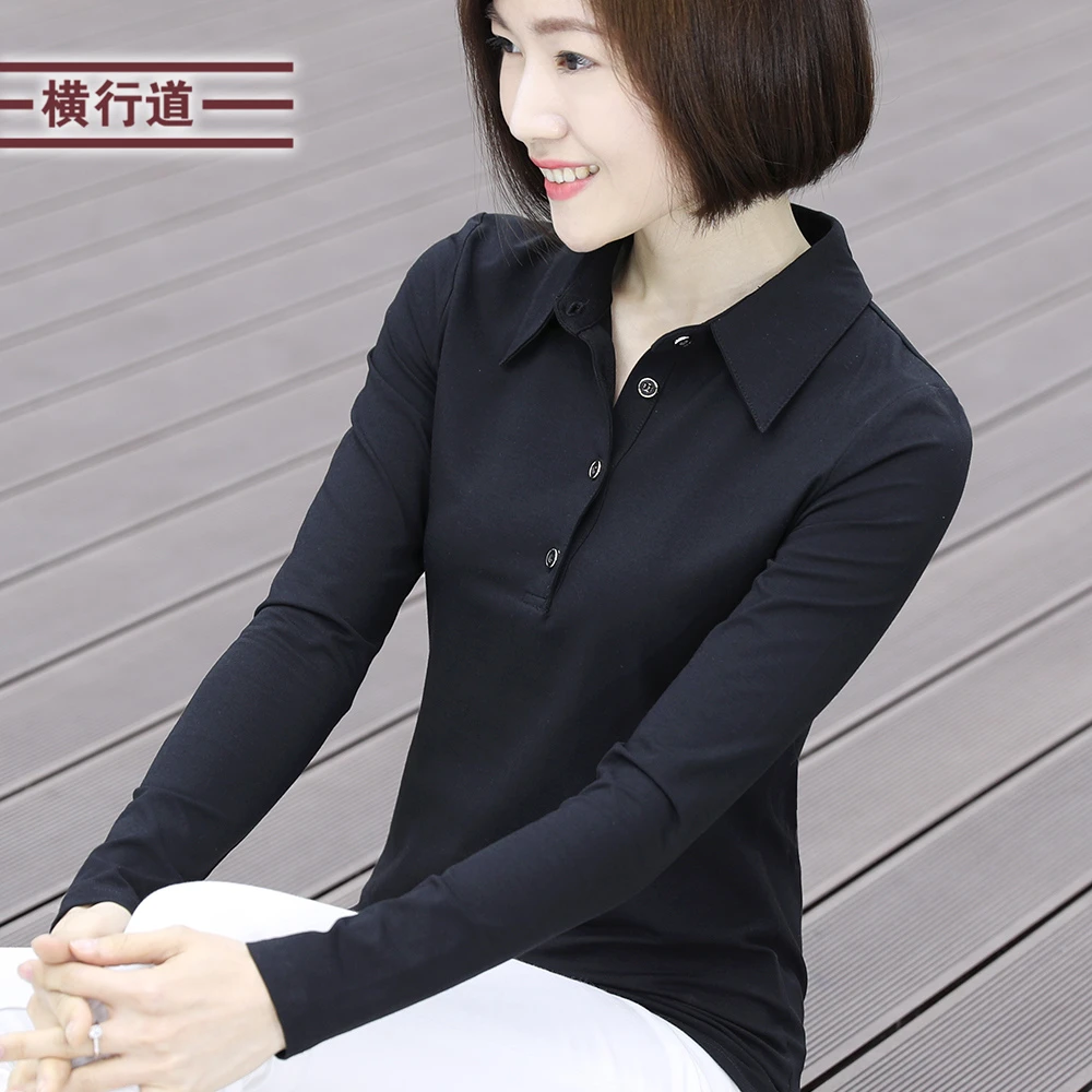 秋装新款翻领长袖T恤女装打底衫衬衣领妈妈装纯色职业装修身体恤
