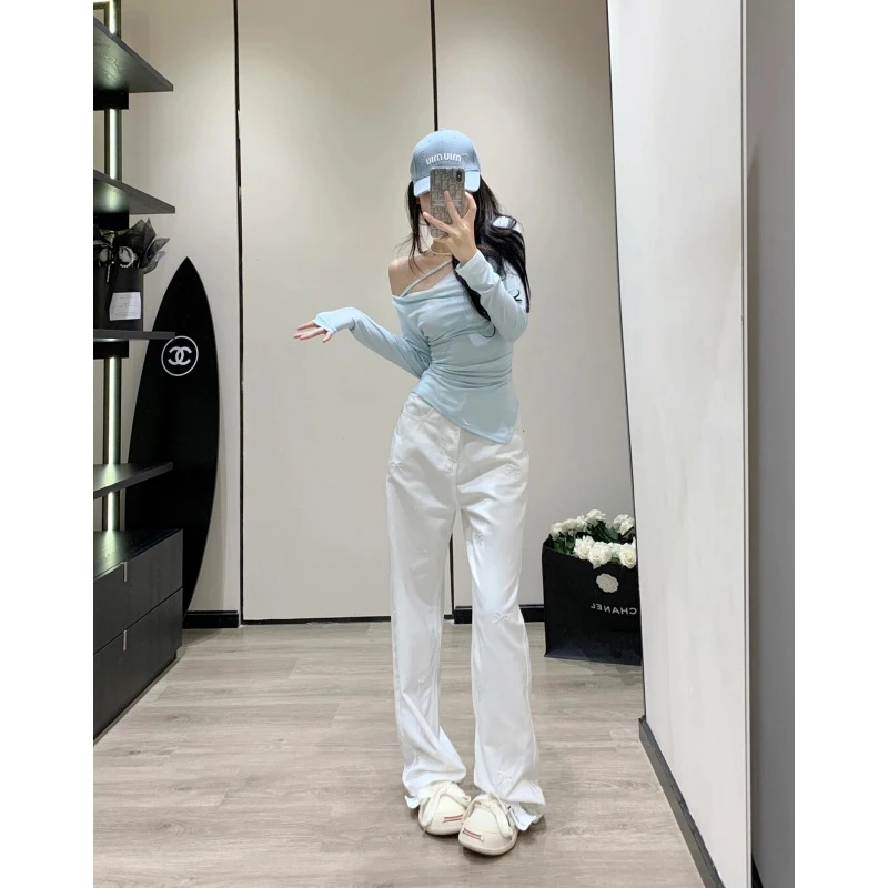 白色牛仔裤女2024新款小个子百搭窄版阔腿裤设计高腰宽松直筒裤唐