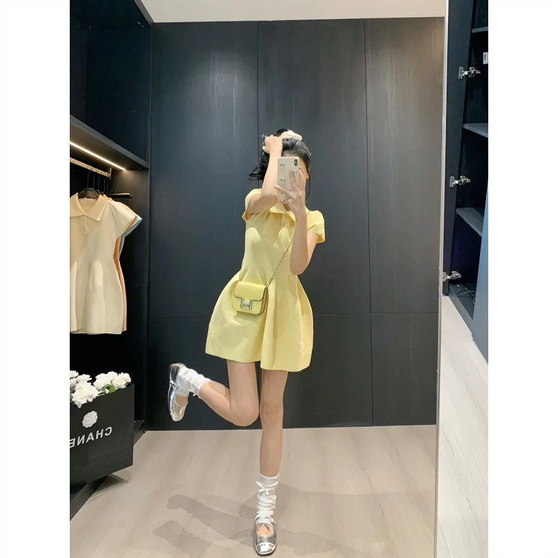 【晨夕专属】2025新款衬衫领弹力娃娃裙设计感收腰蓬蓬a字短连衣裙