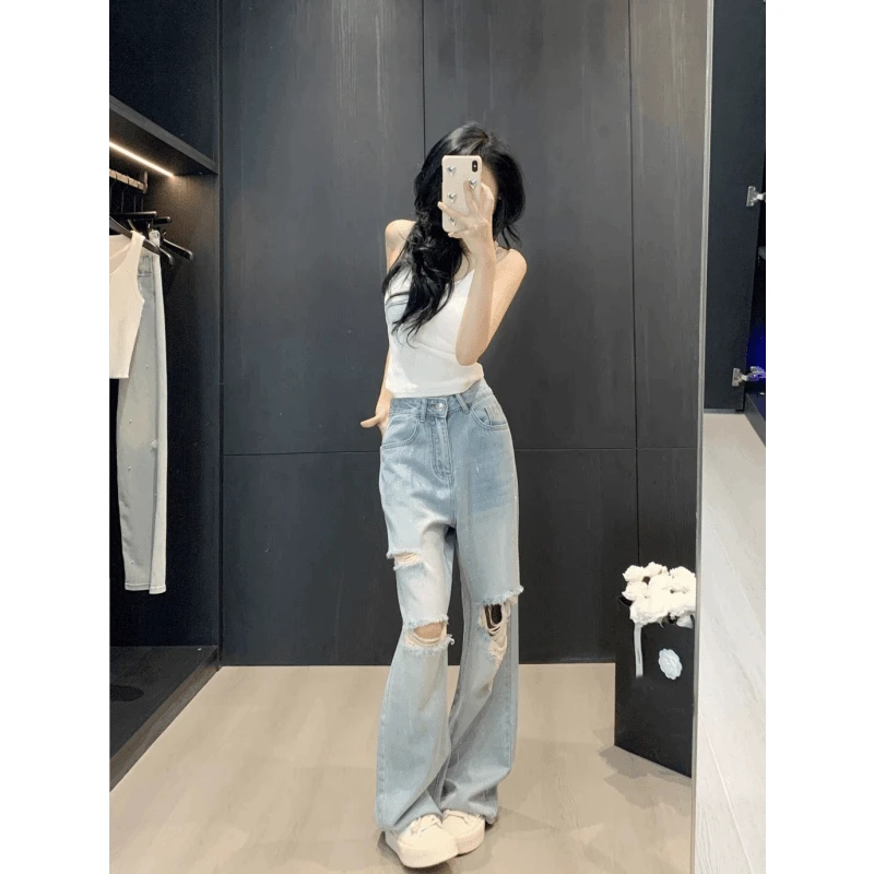 破洞牛仔裤女2024新款爆款百搭时尚修身显瘦气质设计阔腿直筒裤唐