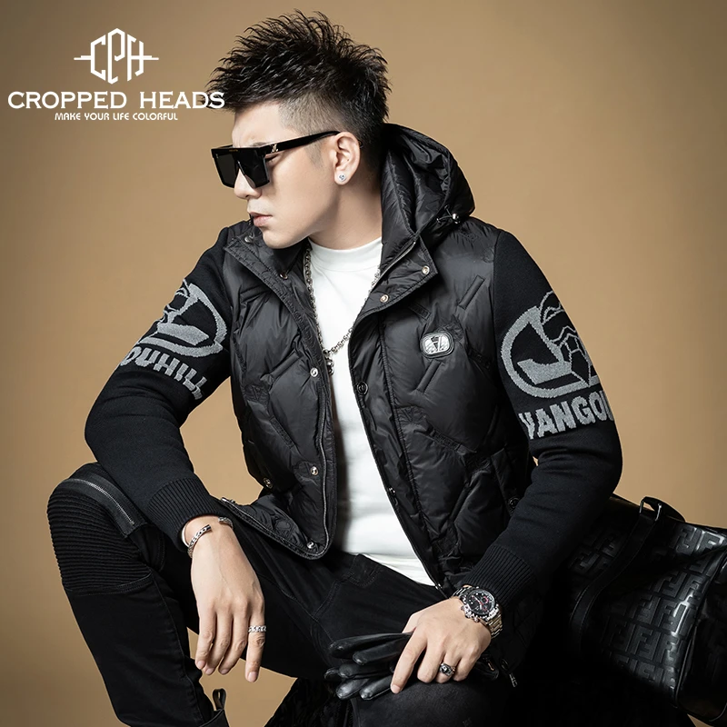 2023冬季新款高品质痞帅连帽羽绒服拼接针织白鸭绒加厚保暖外套男