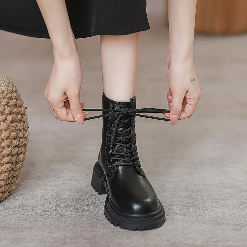 马丁靴女2024年秋冬新款真皮系带单靴英伦风厚底加绒短靴机车靴子