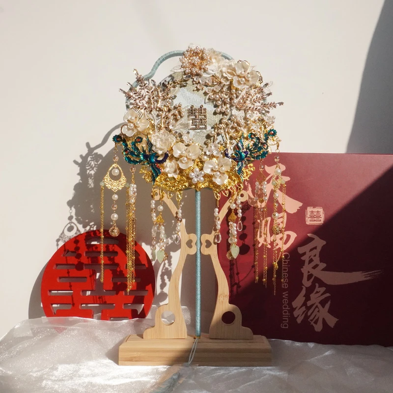 蓝色双面手作diy中式喜扇子新娘结婚遮羞喜扇成品送闺蜜伴手礼物