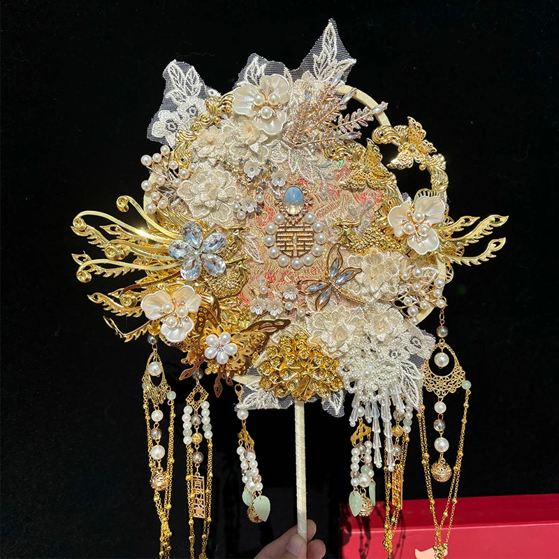 新娘结婚团扇香槟色双面重工款喜扇手工DIY材料包成品秀禾工艺扇