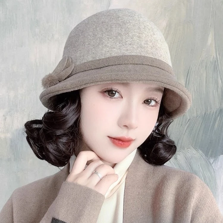 帽子假发一体时尚卡其色羊毛呢渔夫帽慵懒卷洋气减龄带帽假发