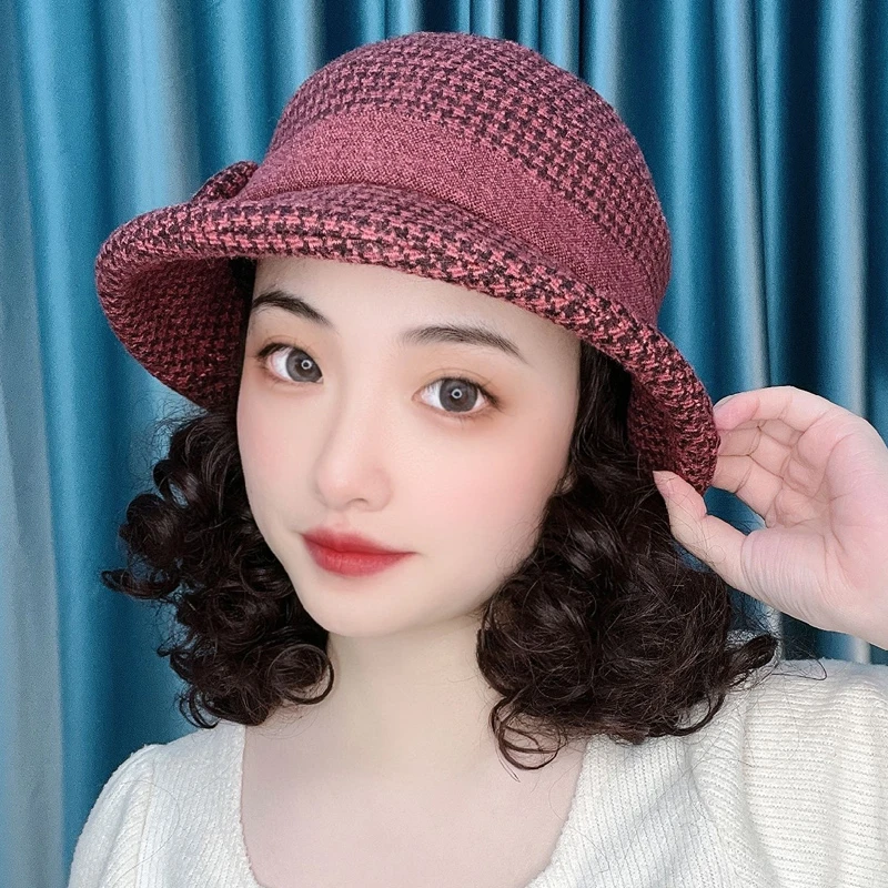 假发女秋冬中老年妈妈帽子假发一体渔夫盆帽时尚短卷发仿真发礼帽