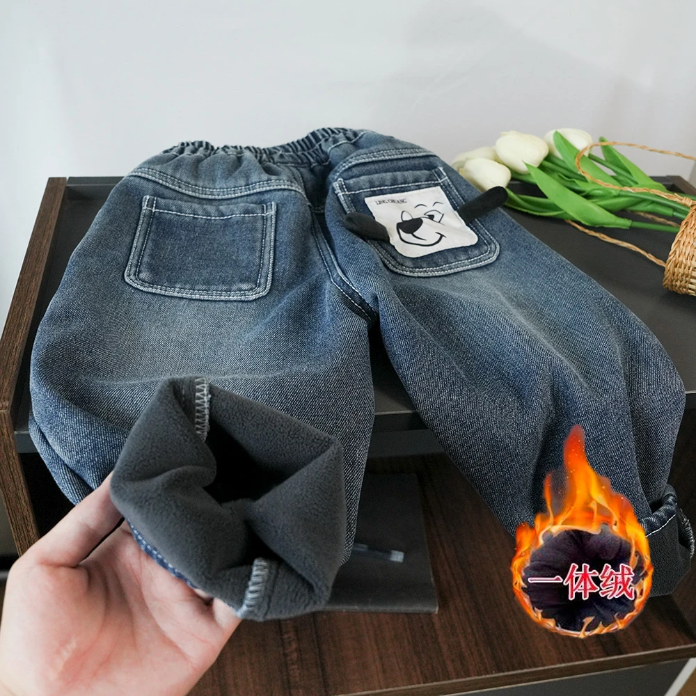 童装儿童加绒牛仔裤冬款2024新款男童一体绒牛仔长裤小童平替好物