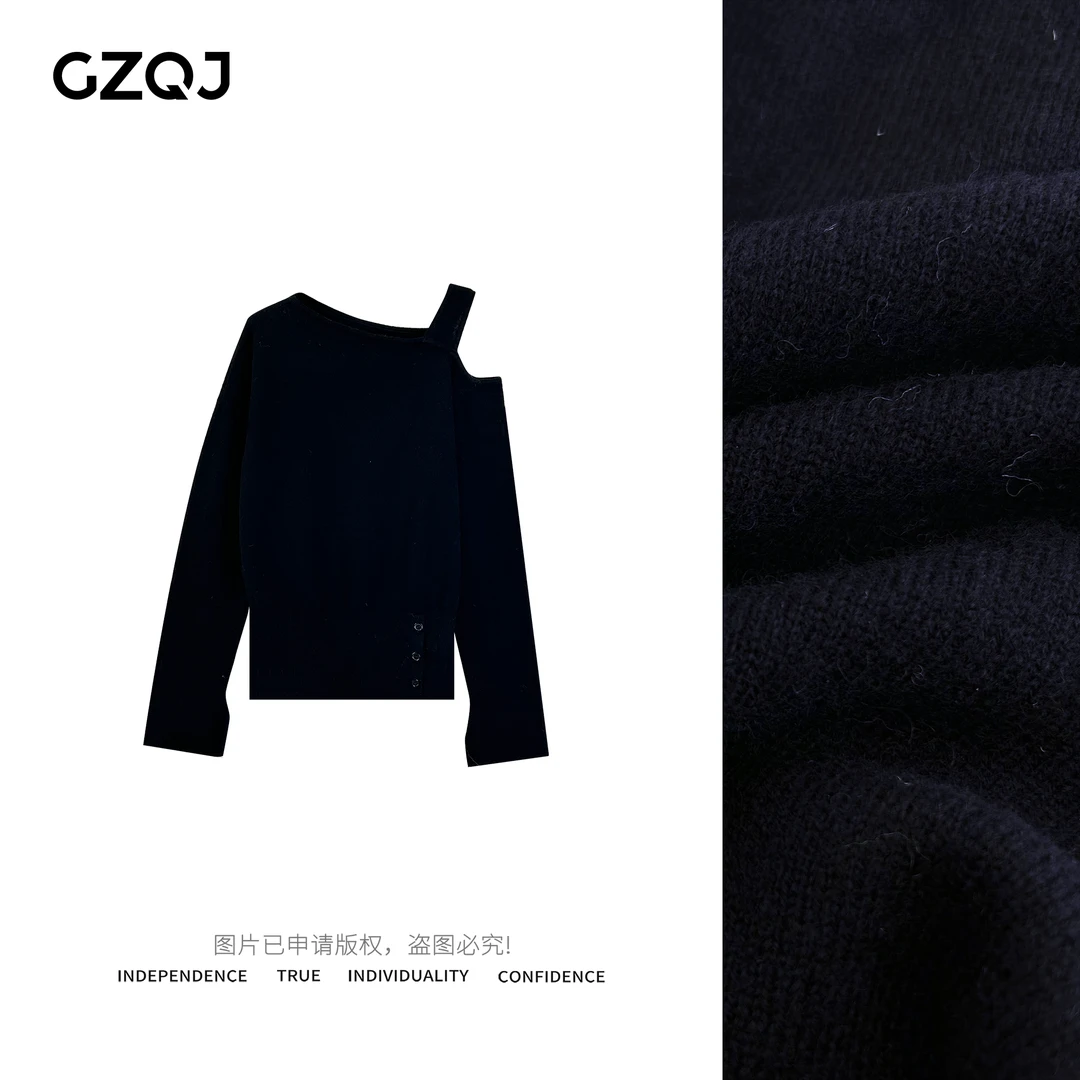 GZQJ【香肩欲辣】时尚绵羊毛漏肩针织下开叉显瘦百搭上衣 0379