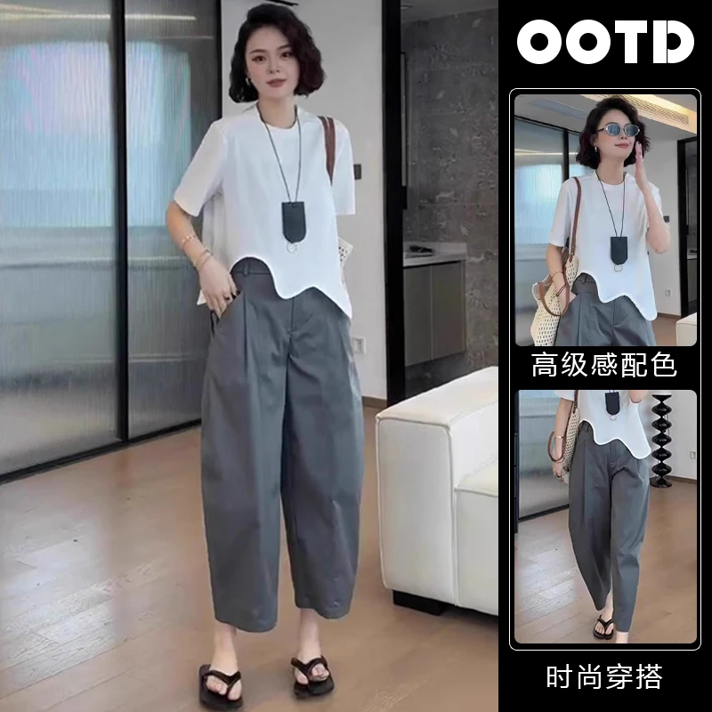 洋气炸街套装夏季女2025新款小众不规则T恤+九分阔腿裤减龄两件套