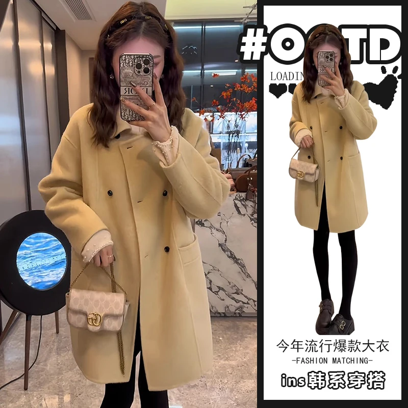 盐系简约百搭中长款气质长袖毛呢大衣女春秋高级感宽松有质感外套