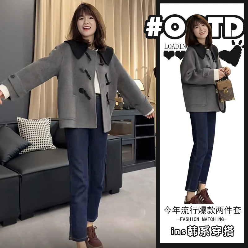 少女感别致穿搭两件套女复古牛角扣开衫外套+气质修身显瘦牛仔裤