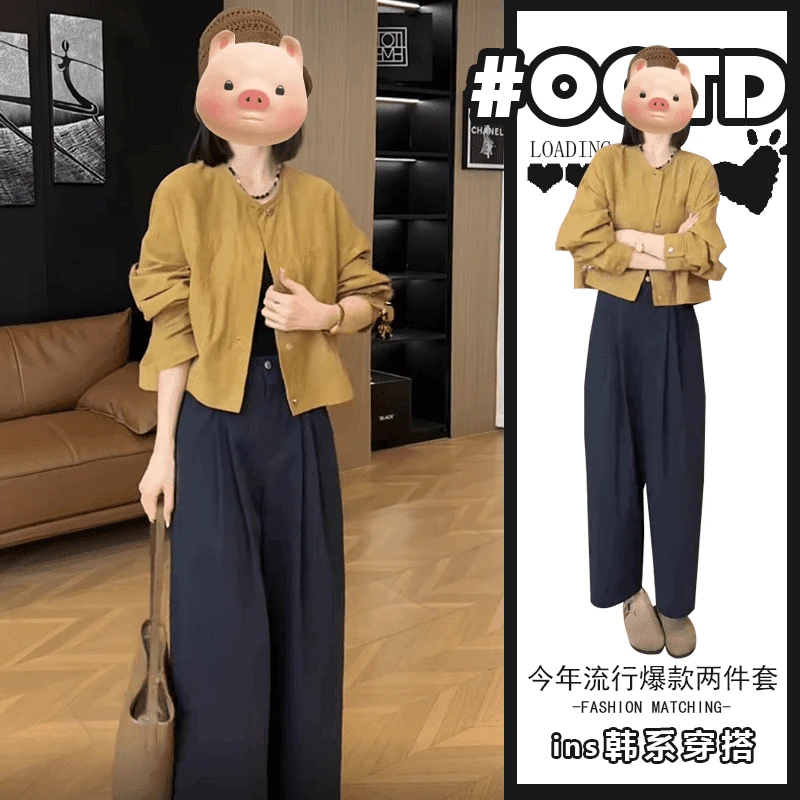 网红炸街套装女春秋新款复古长袖衬衫外套+高腰显瘦阔腿裤两件套