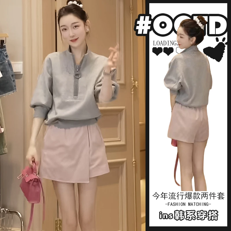 2024春秋设计感高腰阔腿短裤+欧美百搭卫衣港味别致百搭两件套潮