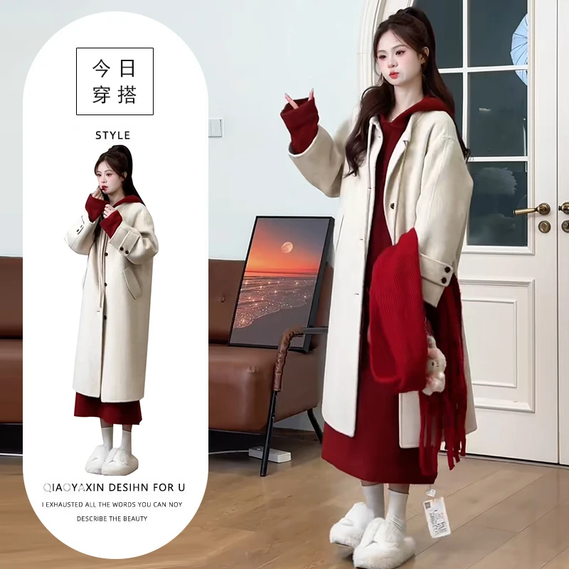 温柔风穿搭套装女设计感连帽中长款连衣裙时尚气质百搭大衣两件套