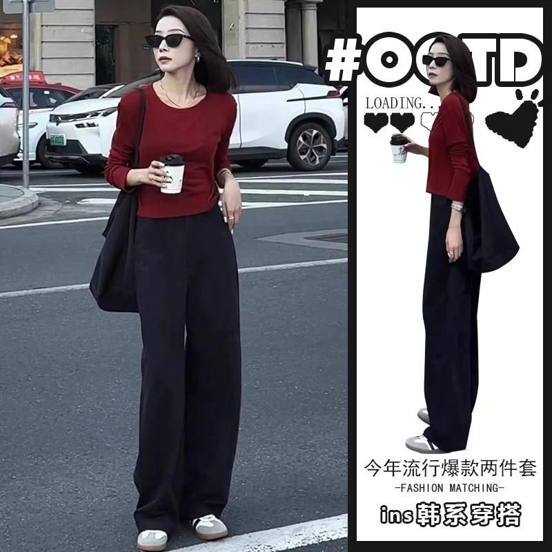 冷淡系气质圆领长袖上衣+高腰遮胯显瘦阔腿长裤港味一整套穿搭潮