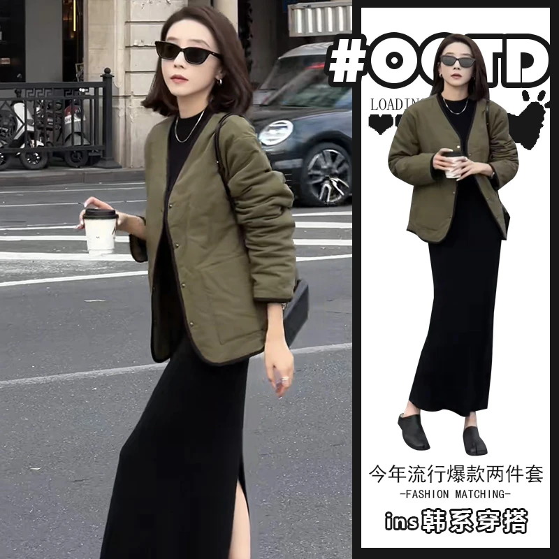 盐系轻熟两件套装女高级感小众黑色修身后开叉连衣裙时髦百搭外套