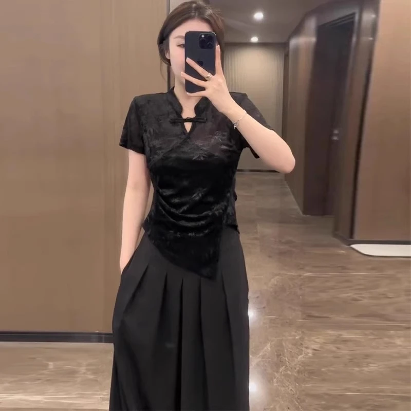 新中式国风黑色立领旗袍短袖T恤女夏不规则气质百搭修身显瘦上衣
