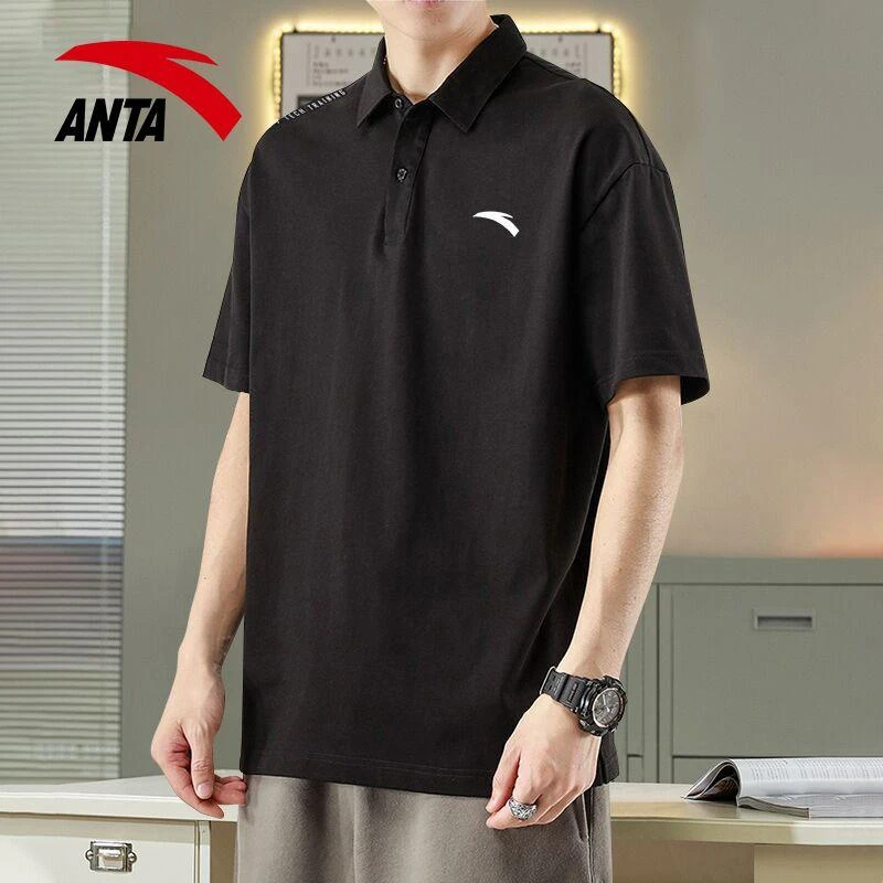 安踏夏季短袖T恤男潮流翻领POLO衫男士黑色冰丝薄款体恤上衣服女