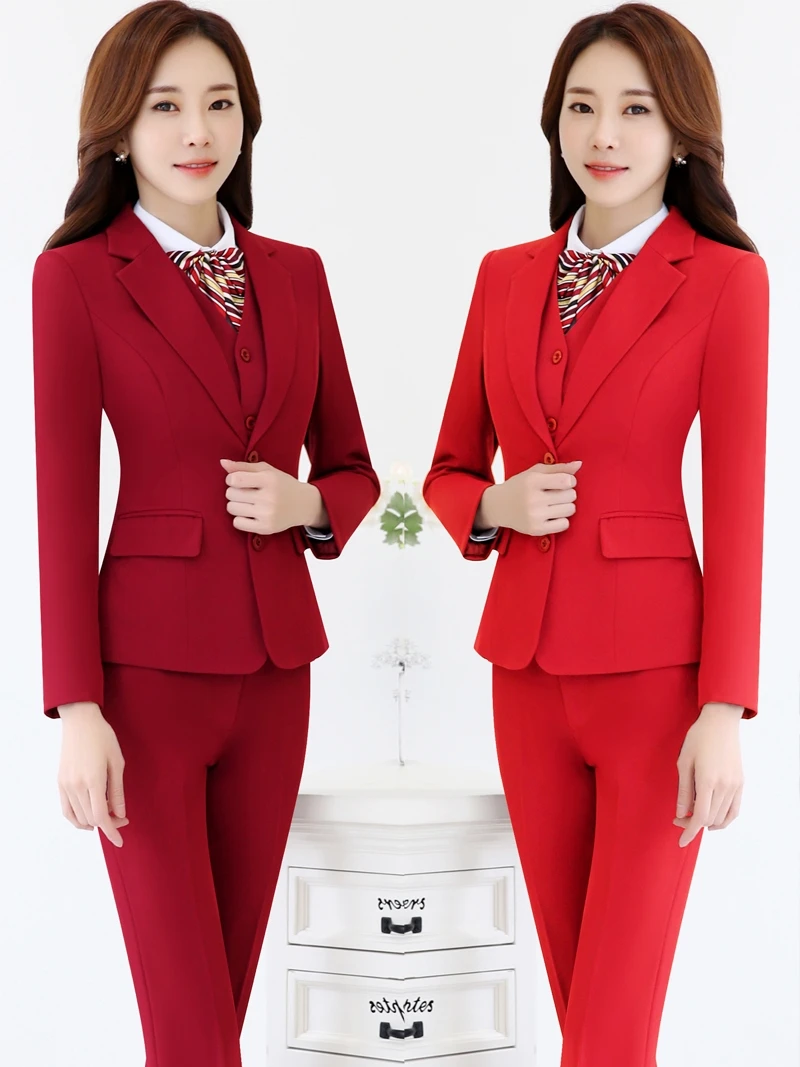 西服外套职业女裤套装春秋新款商务正装时尚气质长袖红色西服韩版