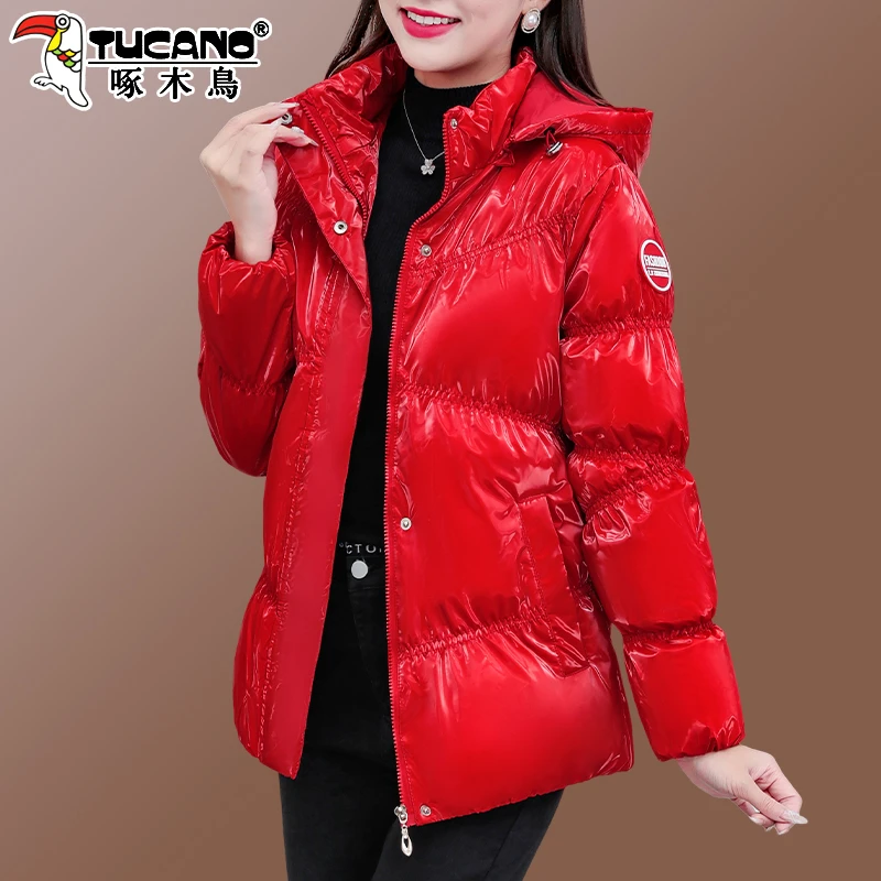 【官方】啄木鸟亮面棉服女冬季2025年新款女士棉衣加厚保暖冬装外套